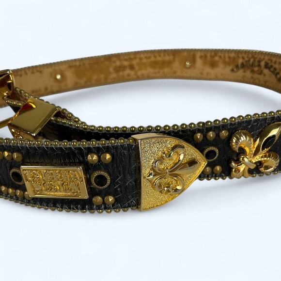 Laguna Beach Black Leather Belt Rhinestones with Gold Hardware size 38